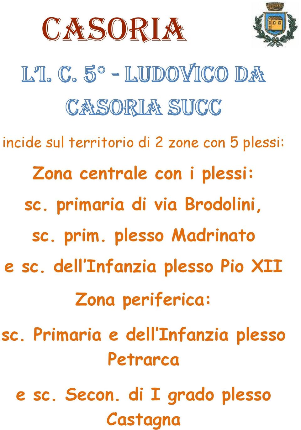 dell Infanzia plesso Pio XII Zona periferica: sc.