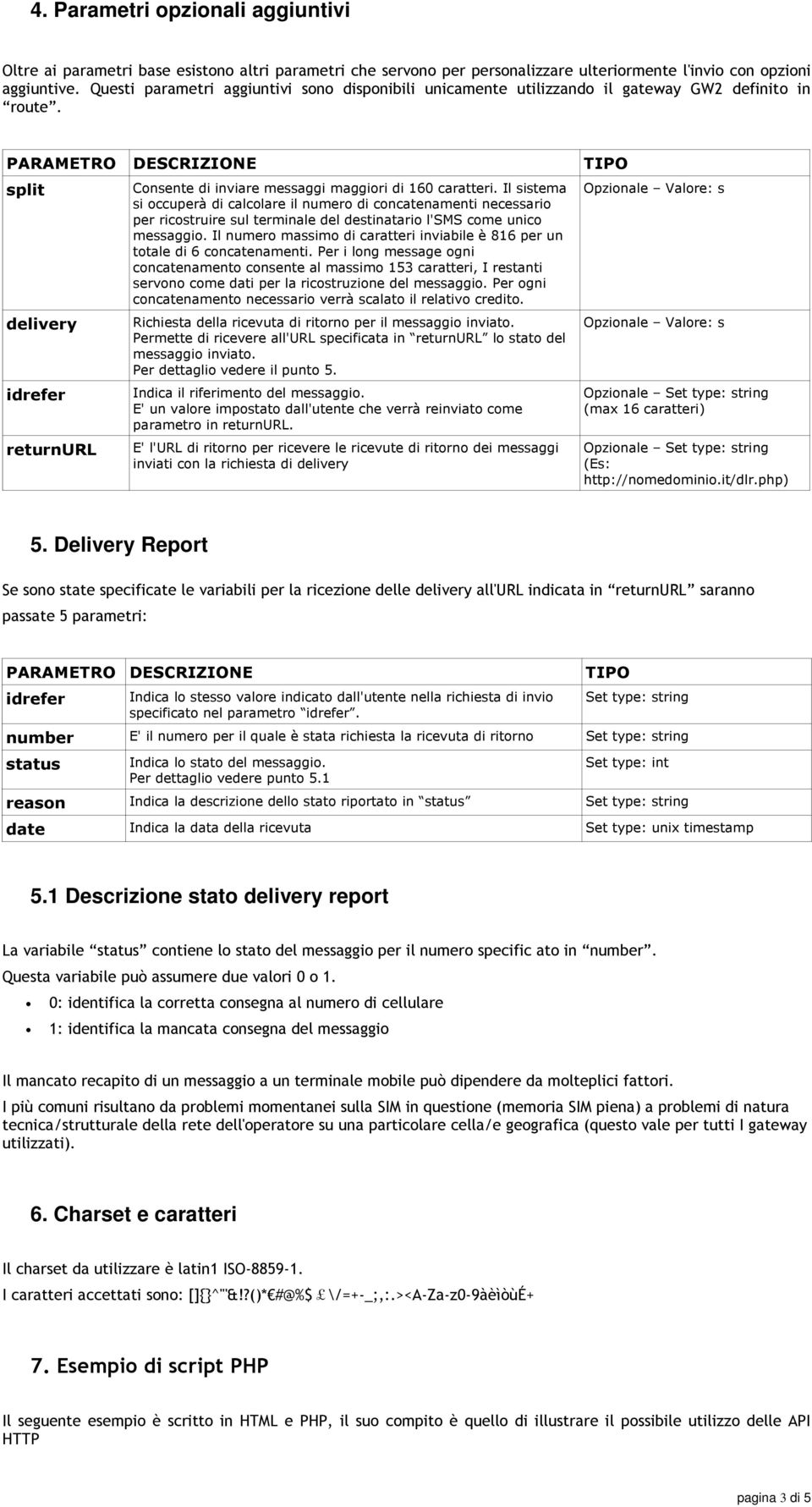 PARAMETRO DESCRIZIONE TIPO split delivery idrefer returnurl Consente di inviare messaggi maggiori di 160 caratteri.