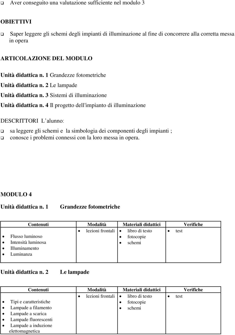 4 Il progetto dell'impianto di illuminazione DESCRITTORI L alunno: sa leggere gli schemi e la simbologia dei componenti degli impianti ; conosce i problemi connessi con la loro messa in opera.