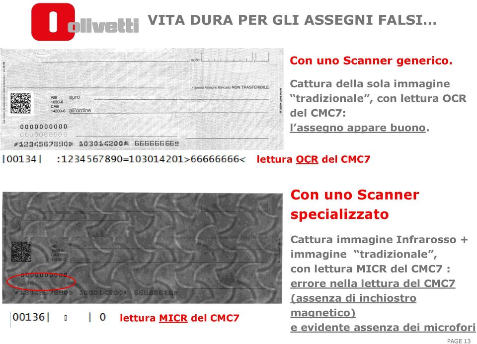 lettura OCR del CMC7 Con uno Scanner specializzato lettura MICR del CMC7 Cattura immagine Infrarosso