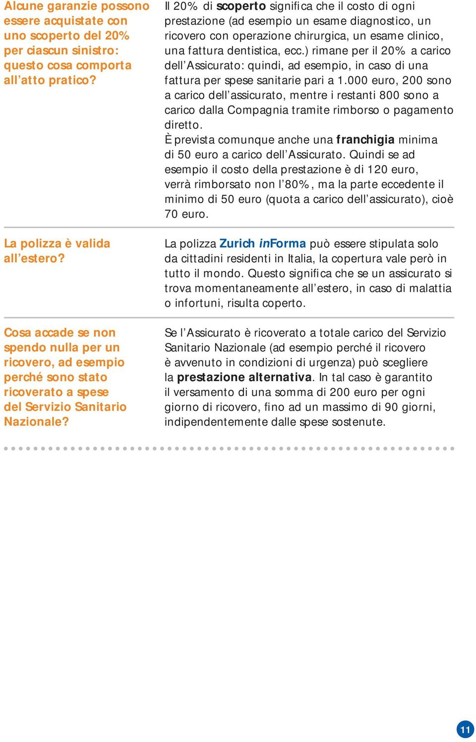 Il 20% di scoperto significa che il costo di ogni prestazione (ad esempio un esame diagnostico, un ricovero con operazione chirurgica, un esame clinico, una fattura dentistica, ecc.