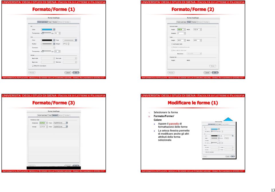 Formato/Forme/ Colore Appare il pannello di formattazione delle forme