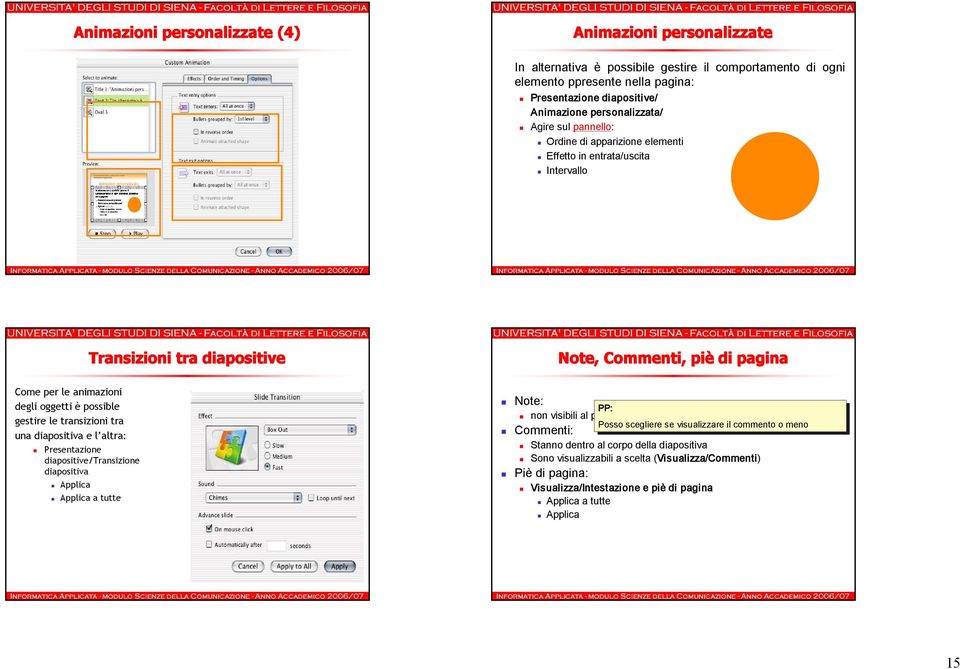 è possible gestire le transizioni tra una diapositiva e l altra: Presentazione diapositive/transizione diapositiva Applica Applica a tutte Note: PP: PP: non visibili al pubblico durante la