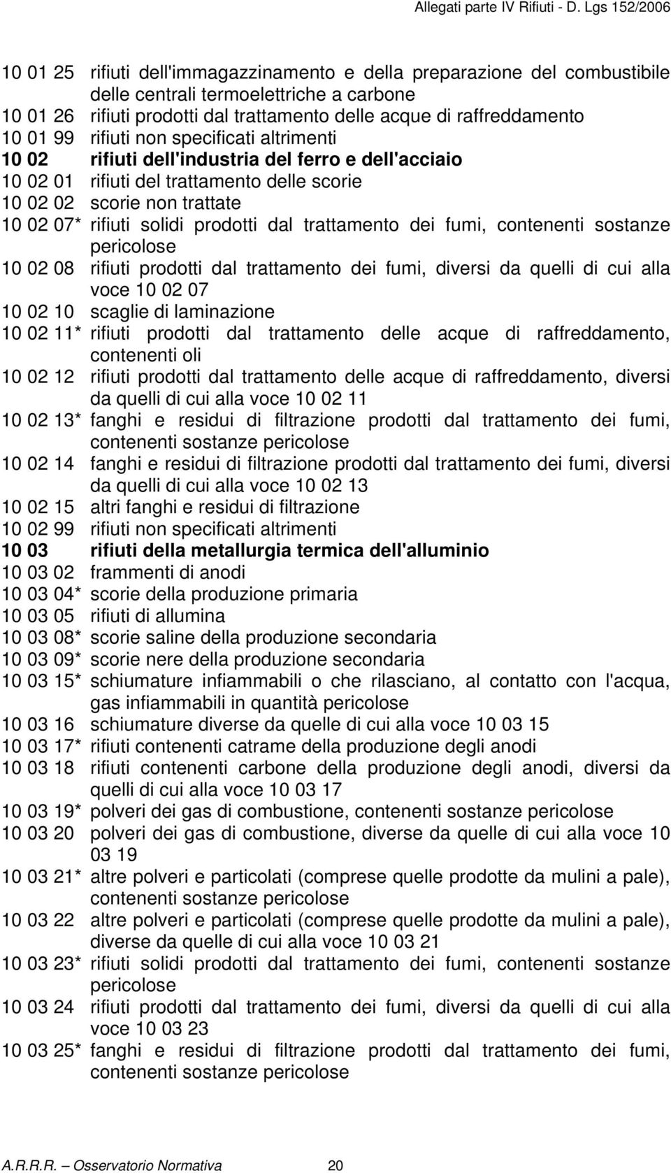 dal trattamento dei fumi, contenenti sostanze pericolose 10 02 08 rifiuti prodotti dal trattamento dei fumi, diversi da quelli di cui alla voce 10 02 07 10 02 10 scaglie di laminazione 10 02 11*