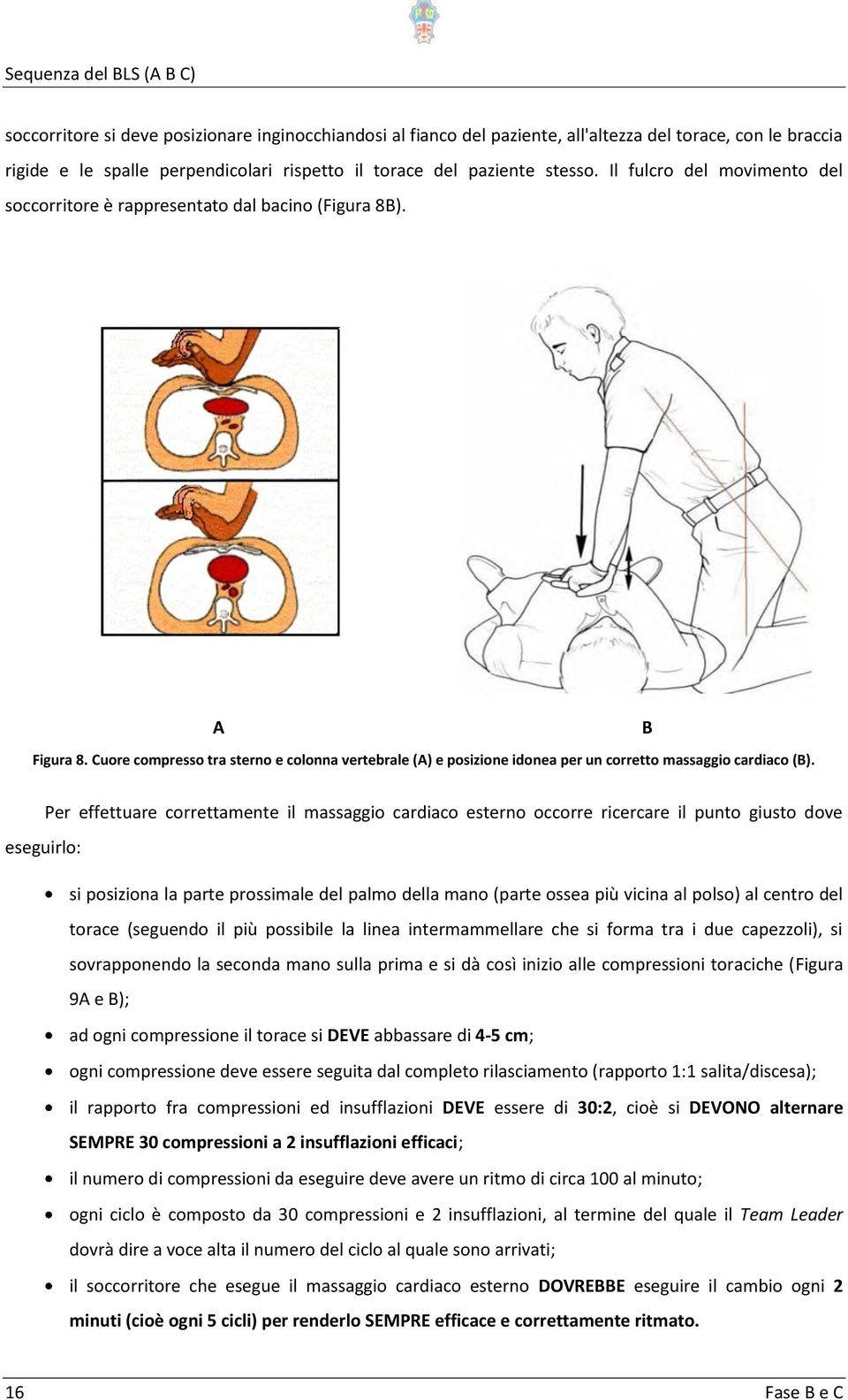 Cuore compresso tra sterno e colonna vertebrale (A) e posizione idonea per un corretto massaggio cardiaco (B).