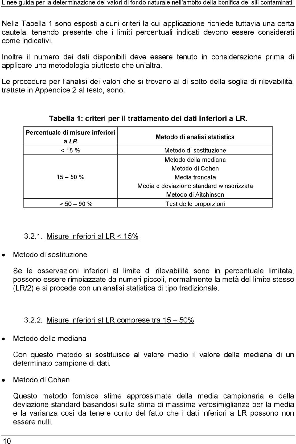 Le procedure per l analisi dei valori che si trovano al di sotto della soglia di rilevabilità, trattate in Appendice al testo, sono: Tabella 1: criteri per il trattamento dei dati inferiori a LR.