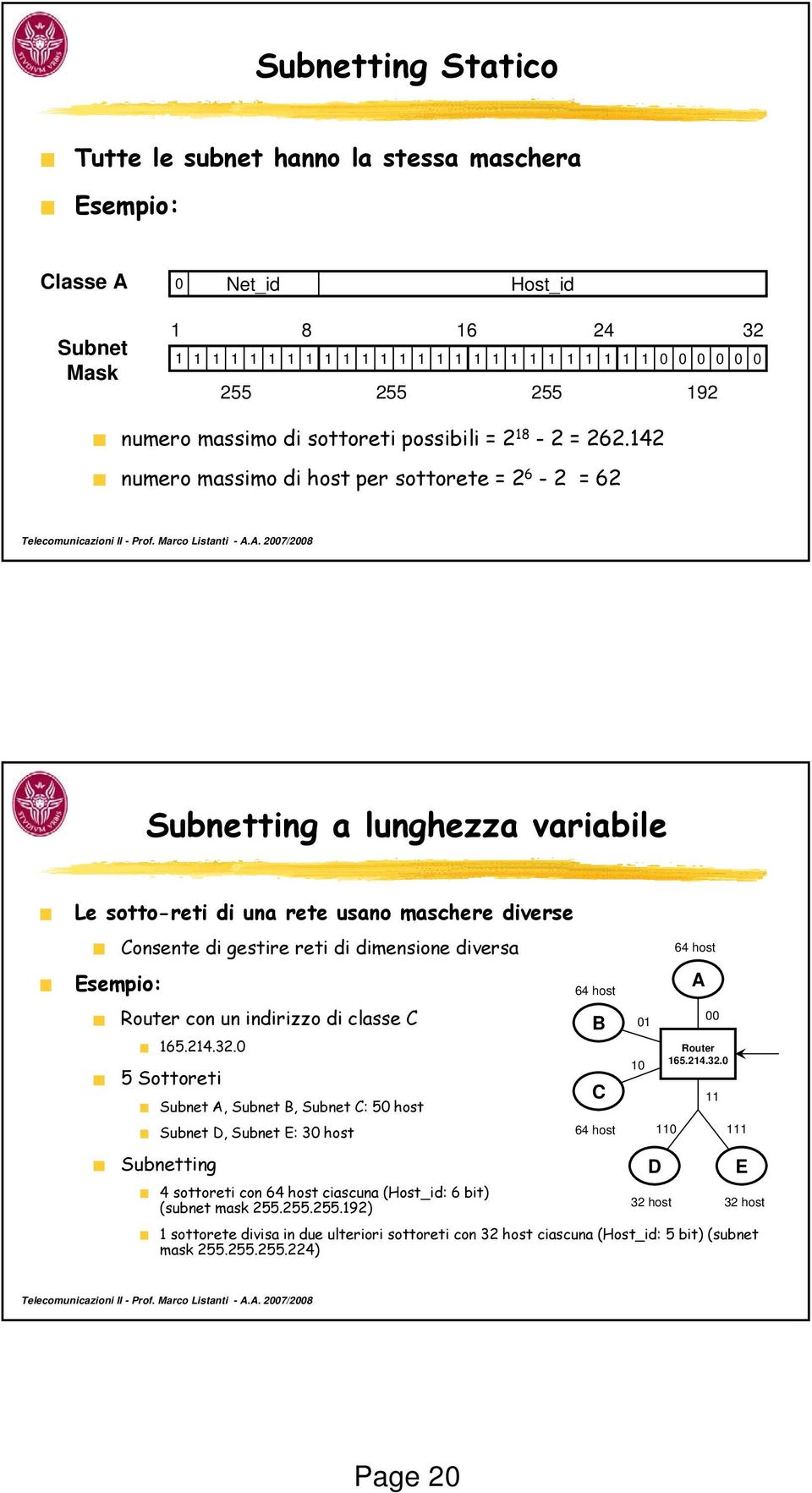 142 numero massimo di host per sottorete = 2 6-2 = 62 Subnetting a lunghezza variabile Le sotto-reti di una rete usano maschere diverse Esempio: Consente di gestire reti di dimensione diversa Router
