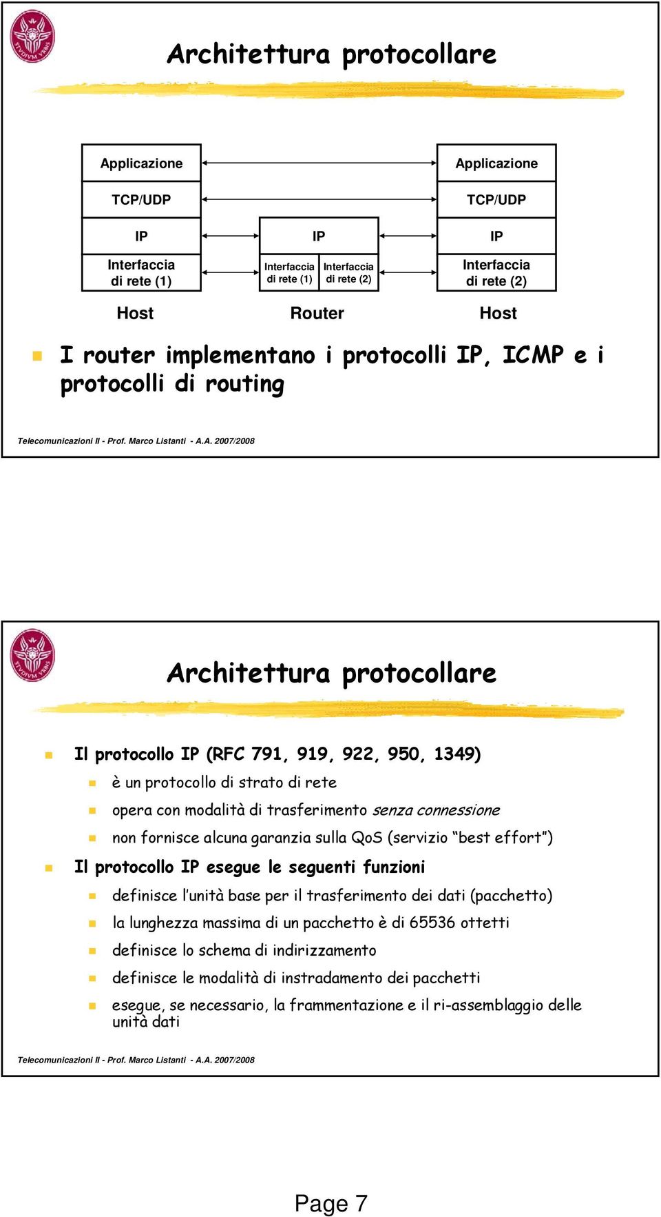 trasferimento senza connessione non fornisce alcuna garanzia sulla QoS (servizio best effort ) Il protocollo IP esegue le seguenti funzioni definisce l unità base per il trasferimento dei dati