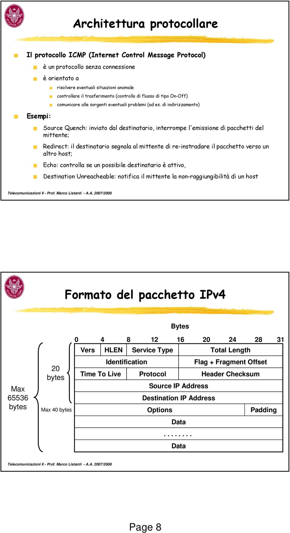 di indirizzamento) Source Quench: inviato dal destinatario, interrompe l'emissione di pacchetti del mittente; Redirect: il destinatario segnala al mittente di re-instradare il pacchetto verso un