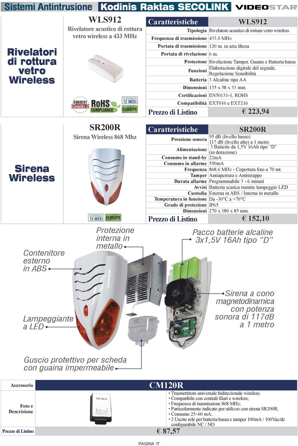 Protezione Rivelazione Tamper, Guasto e Batteria bassa Elaborazione digitale del segnale, Funzioni Regolazione Sensibilità Batteria 3 Alcaline tipo AA Dimensioni 135 x 58 x 33 mm.