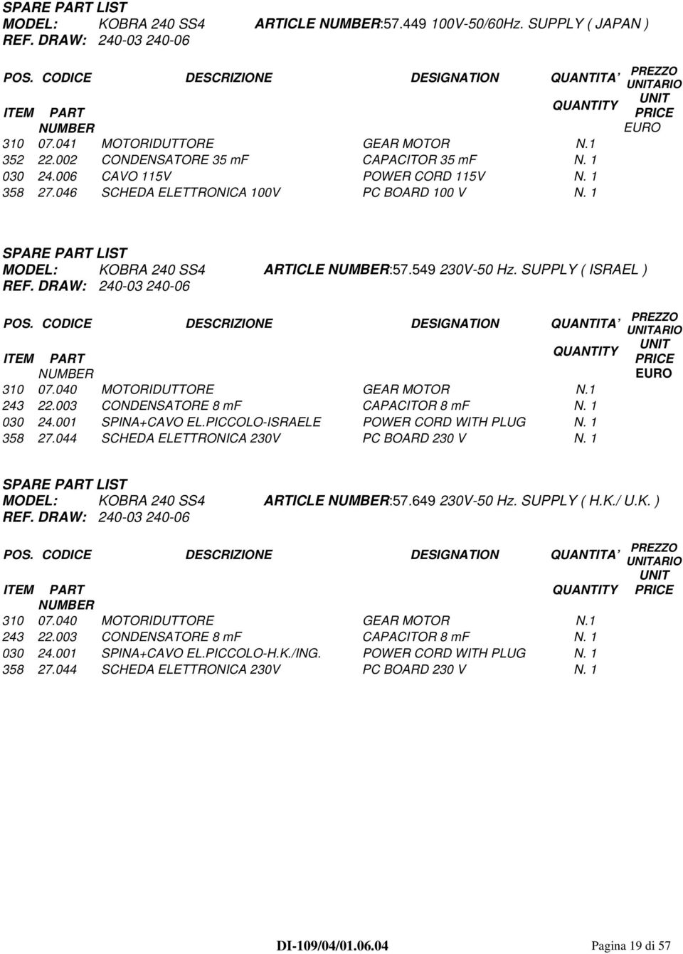 DRAW: 240-03 240-06 QUANTITY 310 07.040 MOTORIDUTTORE GEAR MOTOR N.1 243 22.003 CONDENSATORE 8 mf CAPACITOR 8 mf N. 1 030 24.001 SPINA+CAVO EL.PICCOLO-ISRAELE POWER CORD WITH PLUG N. 1 358 27.