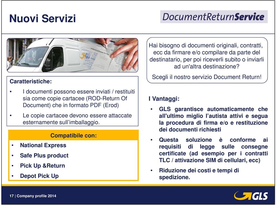 imballaggio. National Express Safe Plus product Pick Up &Return Depot Pick Up Compatibile con: Scegli il nostro servizio Document Return!