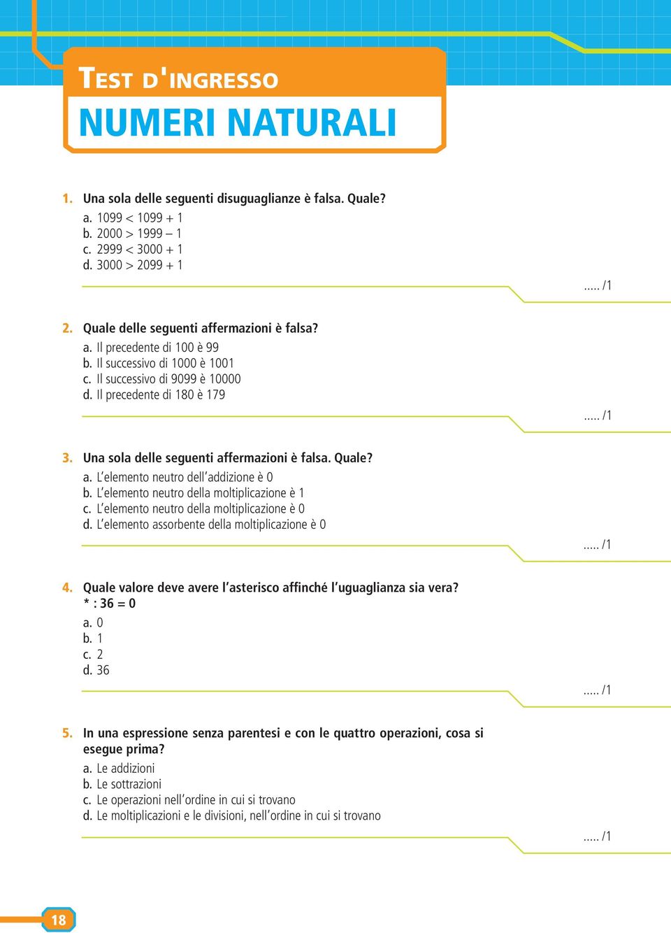 Una sola delle seguenti affermazioni è falsa. Quale? a. L elemento neutro dell addizione è 0 b. L elemento neutro della moltiplicazione è 1 c. L elemento neutro della moltiplicazione è 0 d.