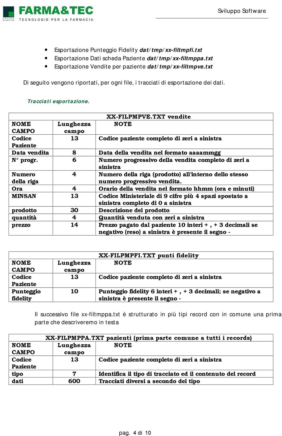 TXT vendite Codice 13 Codice paziente completo di zeri a sinistra Paziente Data vendita 8 Data della vendita nel formato aaaammgg N progr.