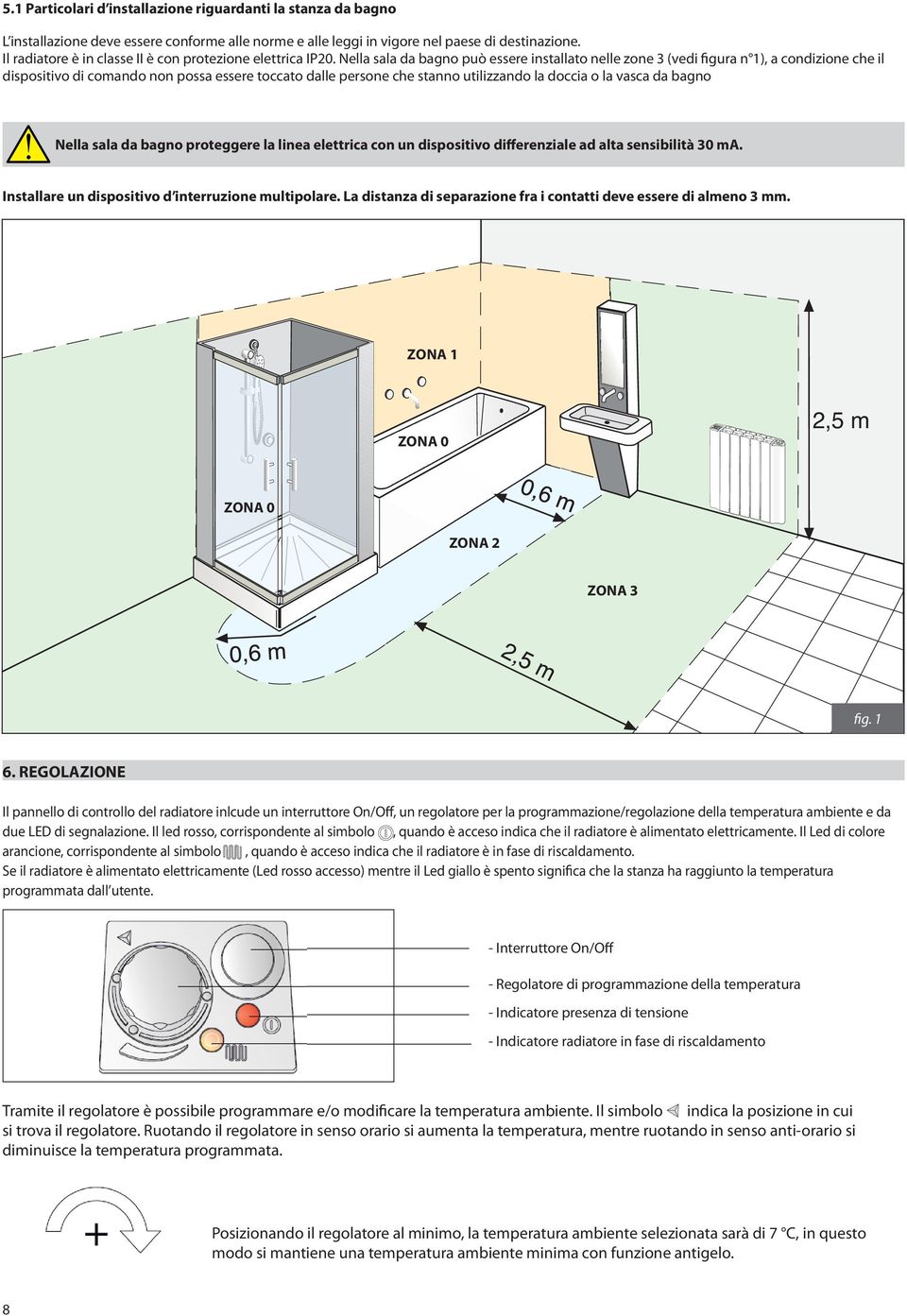 Nella sala da bagno può essere installato nelle zone 3 (vedi figura n 1), a condizione che il dispositivo di comando non possa essere toccato dalle persone che stanno utilizzando la doccia o la vasca