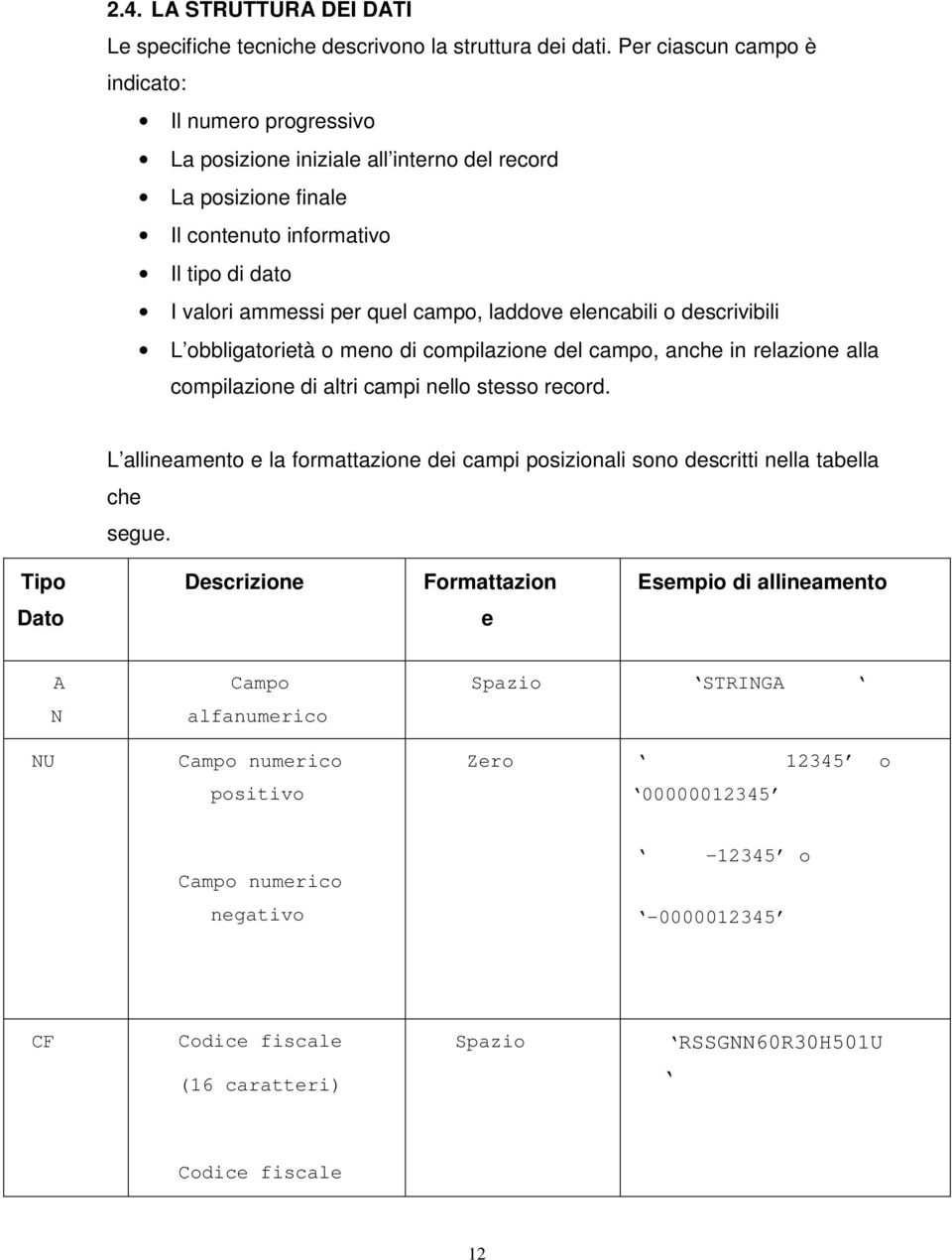 elencabili o descrivibili L obbligatorietà o meno di compilazione del campo, anche in relazione alla compilazione di altri campi nello stesso record.