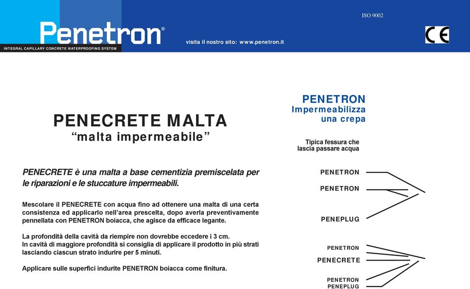 Mescolare il PENECRETE con acqua fino ad ottenere una malta di una certa consistenza ed applicarlo nell area prescelta, dopo averla preventivamente pennellata con PENETRON boiacca, che