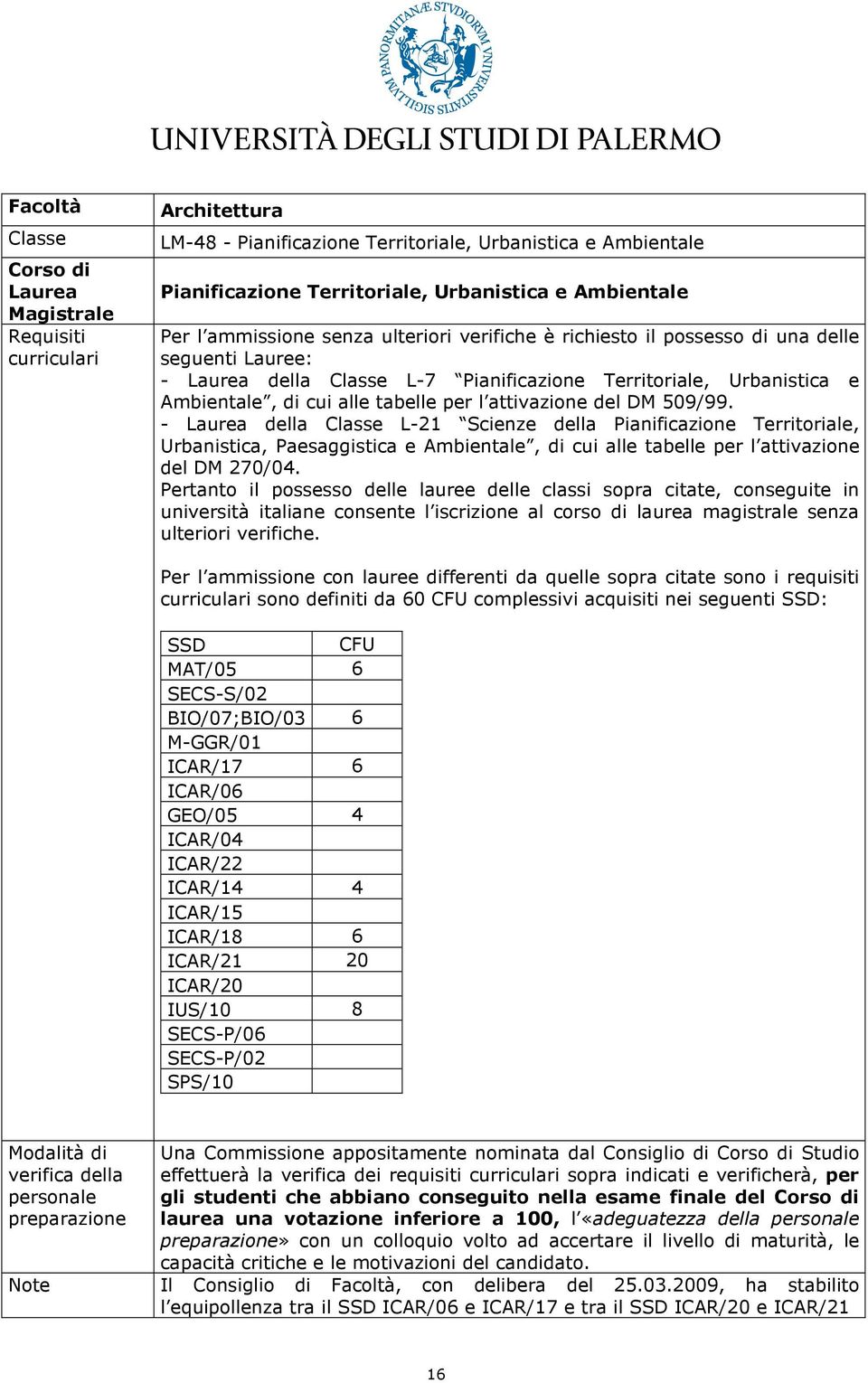 - della L-21 Scienze della Pianificazione Territoriale, Urbanistica, Paesaggistica e Ambientale, di cui alle tabelle per l attivazione del DM 270/04.