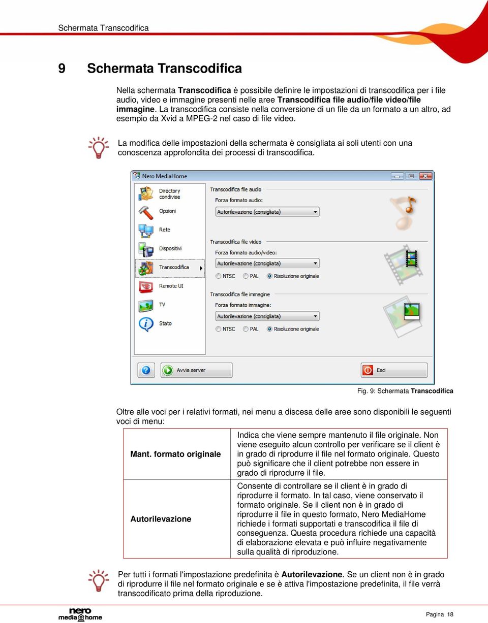 La modifica delle impostazioni della schermata è consigliata ai soli utenti con una conoscenza approfondita dei processi di transcodifica. Fig.