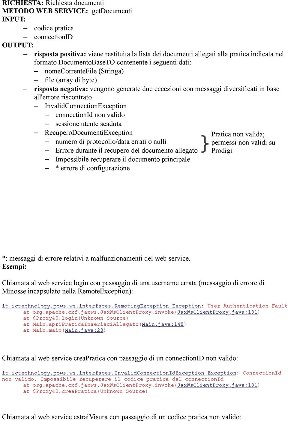 recuperare il documento principale Pratica non valida; permessi non validi su Prodigi *: messaggi di errore relativi a malfunzionamenti del web service.