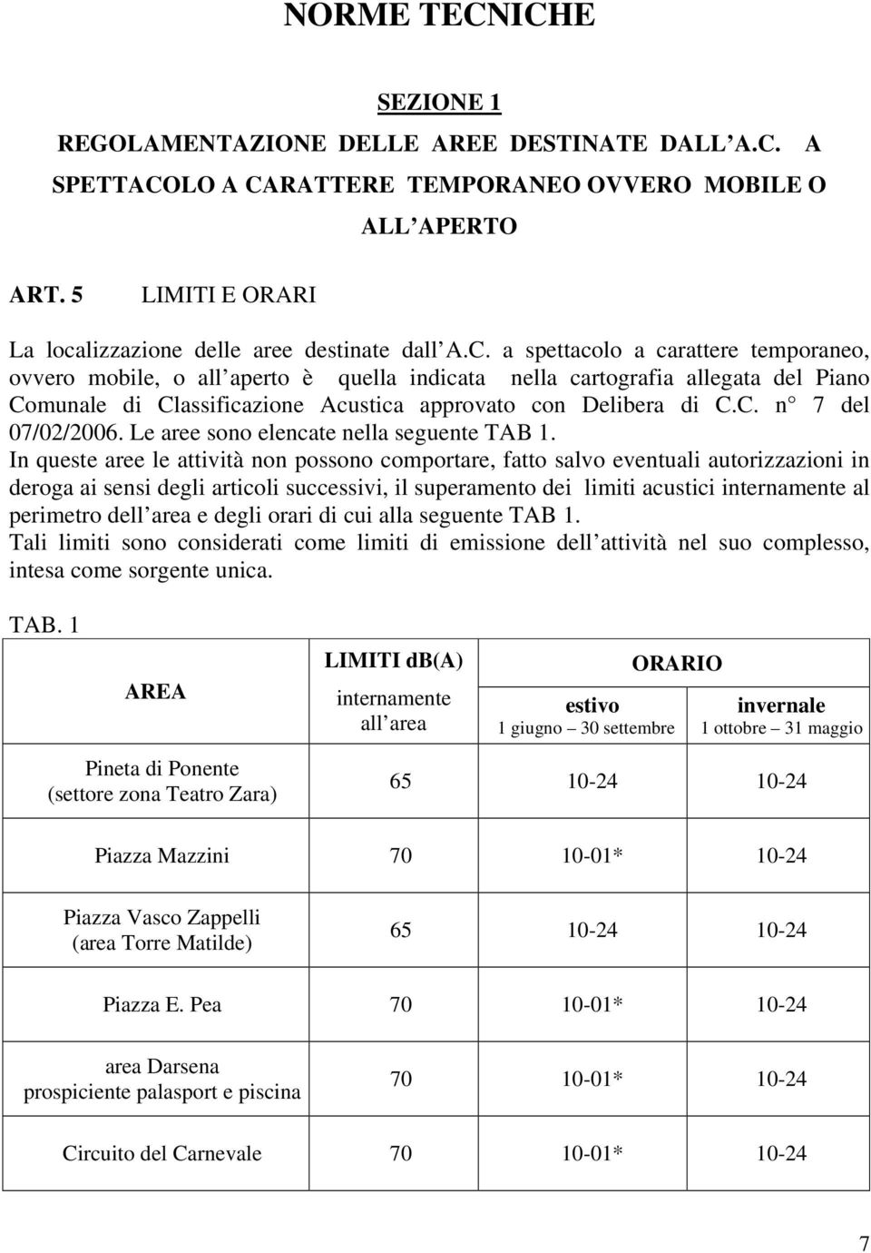 a spettacolo a carattere temporaneo, ovvero mobile, o all aperto è quella indicata nella cartografia allegata del Piano Comunale di Classificazione Acustica approvato con Delibera di C.C. n 7 del 07/02/2006.