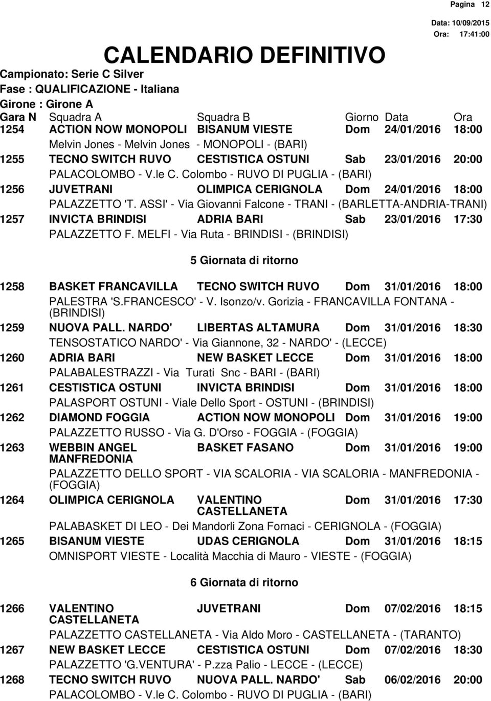 NARDO' LIBERTAS ALTAMURA Dom 31/01/2016 18:30 1260 ADRIA BARI NEW BASKET LECCE Dom 31/01/2016 18:00 1261 CESTISTICA OSTUNI INVICTA BRINDISI Dom 31/01/2016 18:00 1262 DIAMOND FOGGIA ACTION NOW