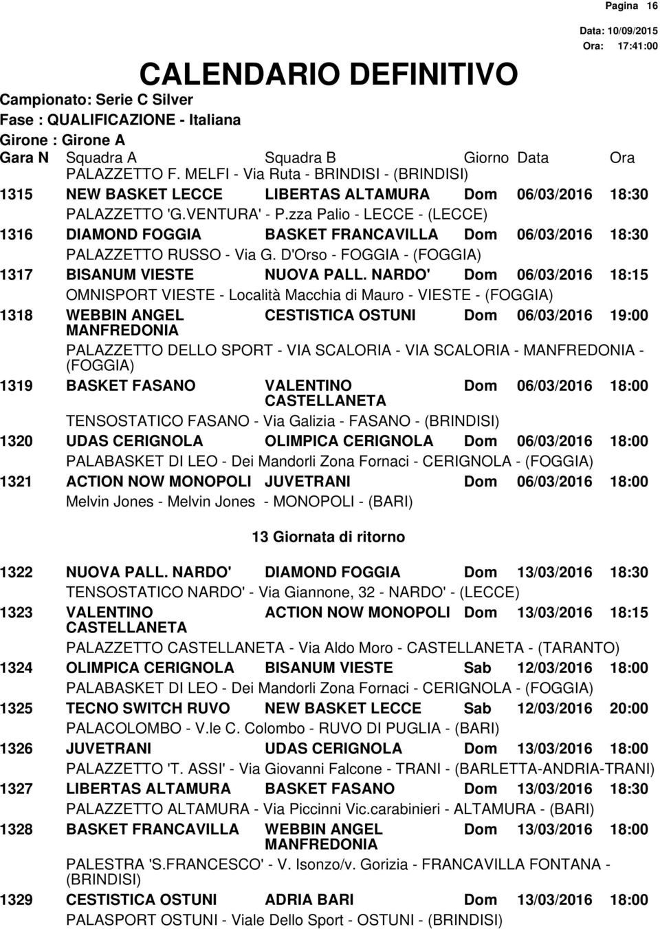 UDAS CERIGNOLA OLIMPICA CERIGNOLA Dom 06/03/2016 18:00 1321 ACTION NOW MONOPOLI JUVETRANI Dom 06/03/2016 18:00 13 Giornata di ritorno Pagina 16 1322 NUOVA PALL.