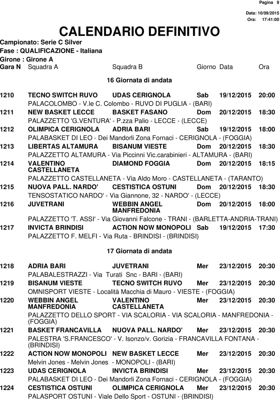 NARDO' CESTISTICA OSTUNI Dom 20/12/2015 18:30 1216 JUVETRANI WEBBIN ANGEL Dom 20/12/2015 18:00 1217 INVICTA BRINDISI ACTION NOW MONOPOLI Sab 19/12/2015 17:30 PALAZZETTO F.