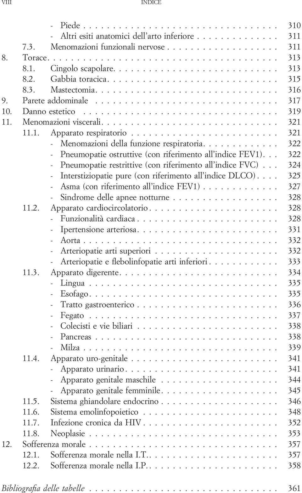 Danno estetico................................. 319 11. Menomazioni viscerali.............................. 321 11.1. Apparato respiratorio......................... 321 - Menomazioni della funzione respiratoria.