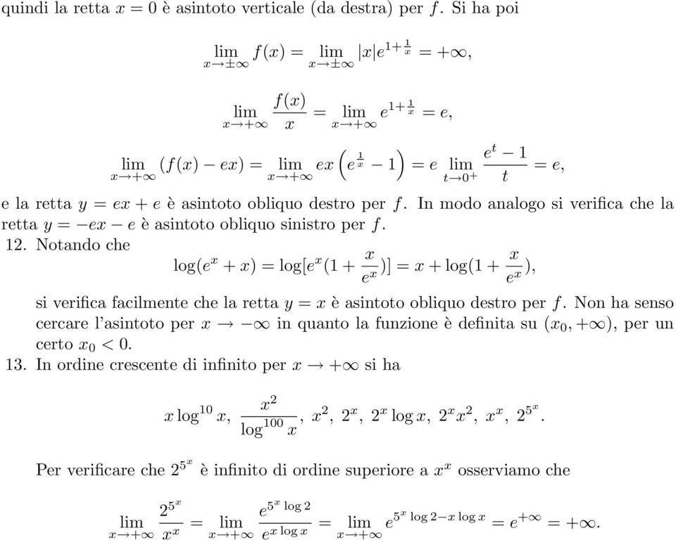 In modo analogo si verifica che la retta y = e e è asintoto obliquo sinistro per f.