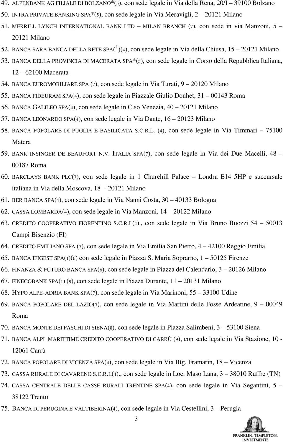BANCA DELLA PROVINCIA DI MACERATA SPA*(5), con sede legale in Corso della Repubblica Italiana, 12 62100 Macerata 54. BANCA EUROMOBILIARE SPA (7), con sede legale in Via Turati, 9 20120 Milano 55.