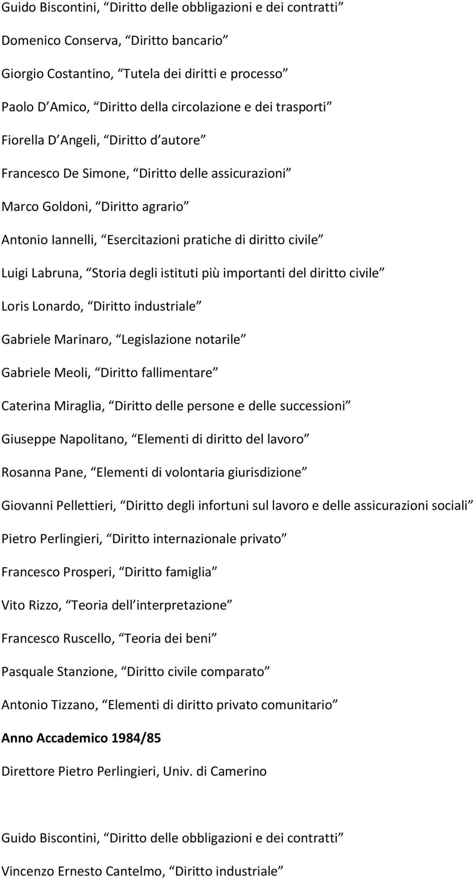 Storia degli istituti più importanti del diritto civile Loris Lonardo, Diritto industriale Gabriele Meoli, Diritto fallimentare Caterina Miraglia, Diritto delle persone e delle successioni Giuseppe