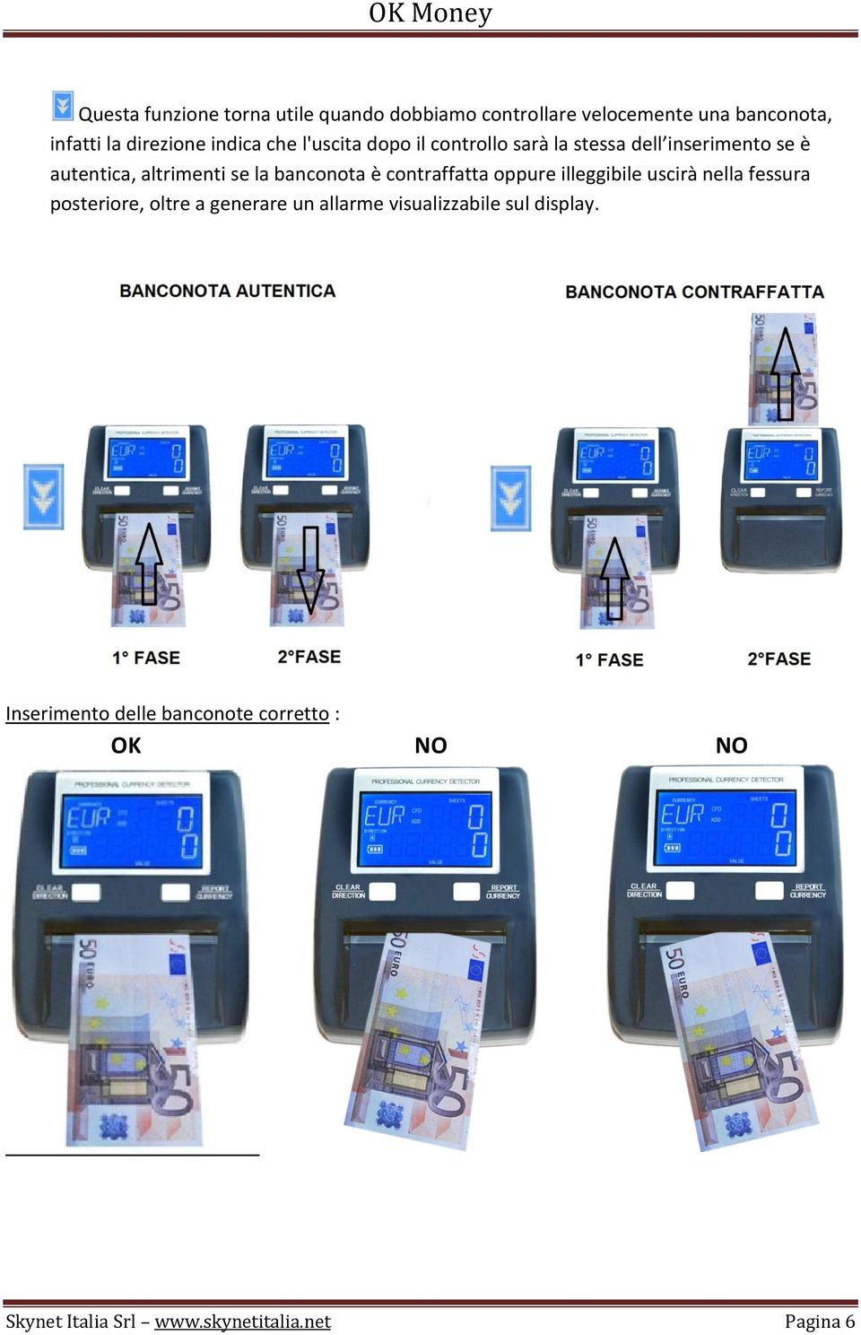 banconota è contraffatta oppure illeggibile uscirà nella fessura posteriore, oltre a generare un allarme