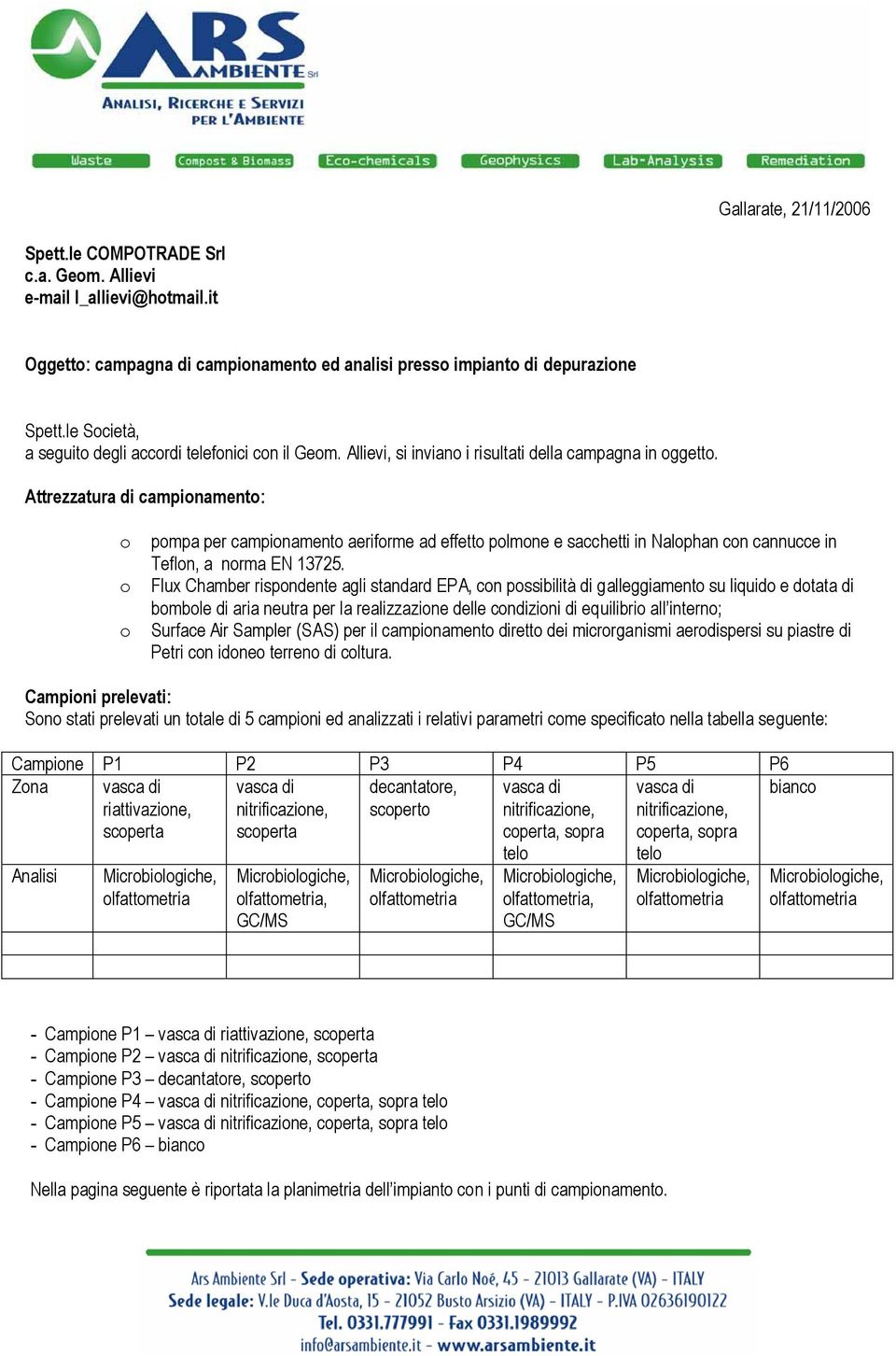 Attrezzatura di campionamento: o o o pompa per campionamento aeriforme ad effetto polmone e sacchetti in Nalophan con cannucce in Teflon, a norma EN 13725.