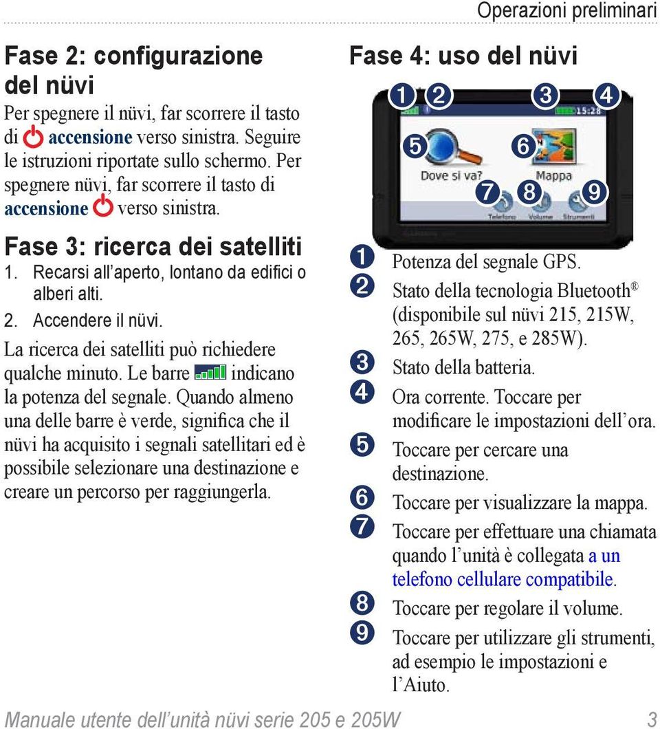 La ricerca dei satelliti può richiedere qualche minuto. Le barre indicano la potenza del segnale.