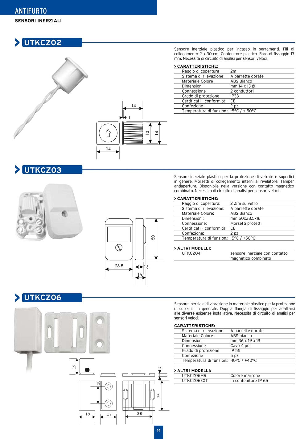 CARATTERISTICHE: Raggio di copertura 2m Sistema di rilevazione A barrette dorate Materiale Colore ABS Bianco mm 14 x 13 Ø Connessione 2 conduttori Grado di protezione IP33 2 pz Temperatura di funzion.