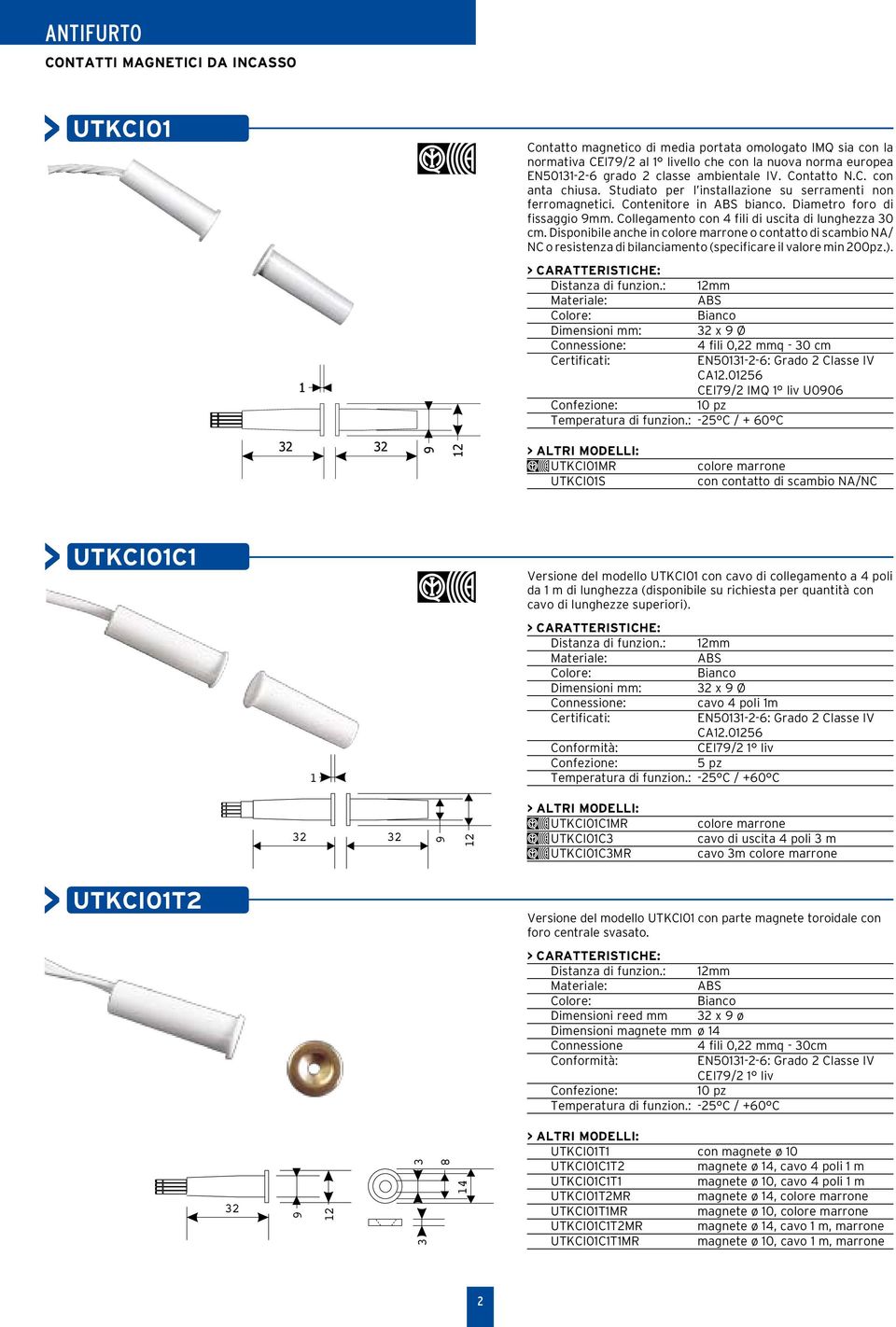 Collegamento con 4 fili di uscita di lunghezza 30 cm. Disponibile anche in colore marrone o contatto di scambio NA/ NC o resistenza di bilanciamento (specificare il valore min 200pz.).