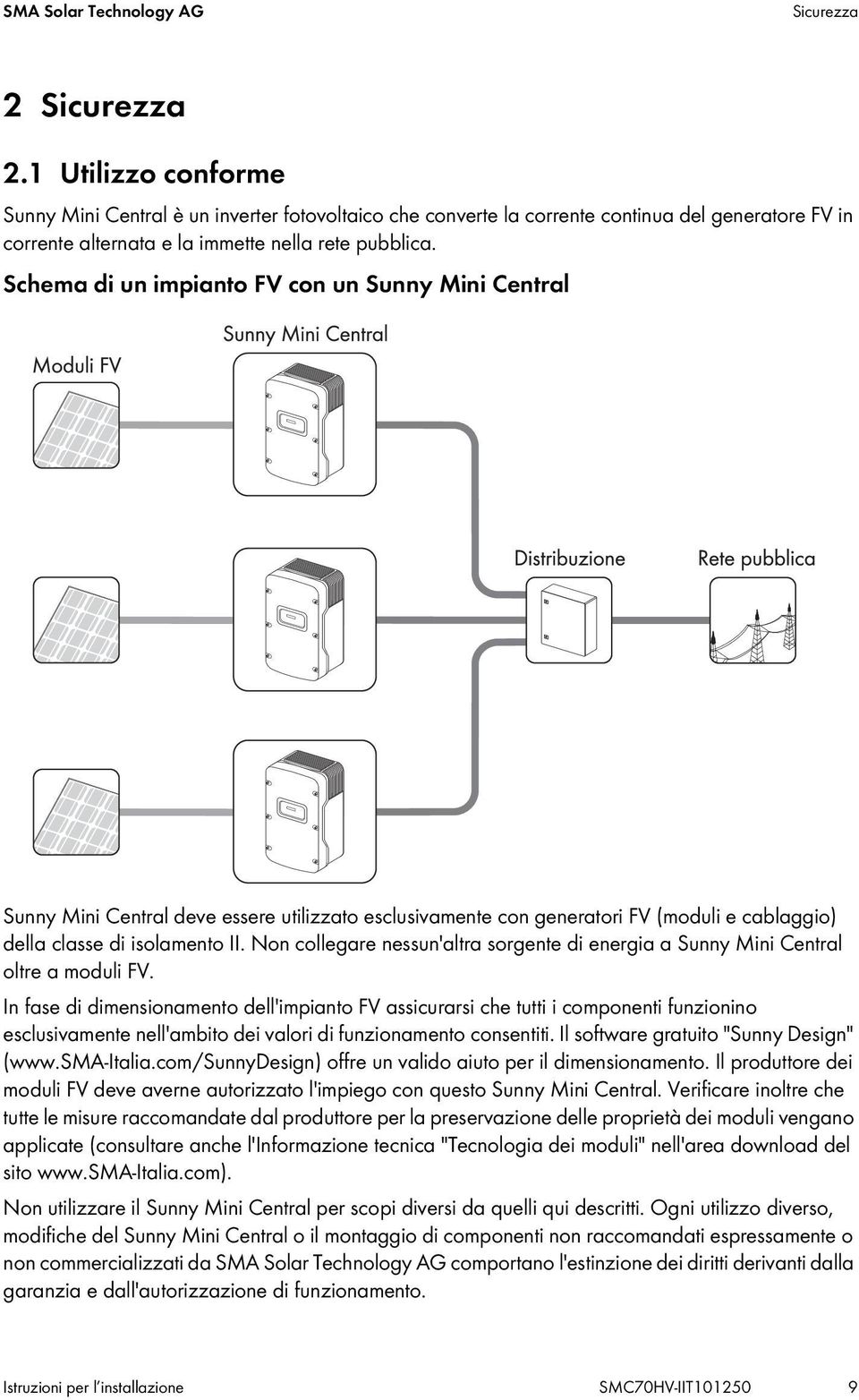 Schema di un impianto FV con un Sunny Mini Central Sunny Mini Central deve essere utilizzato esclusivamente con generatori FV (moduli e cablaggio) della classe di isolamento II.