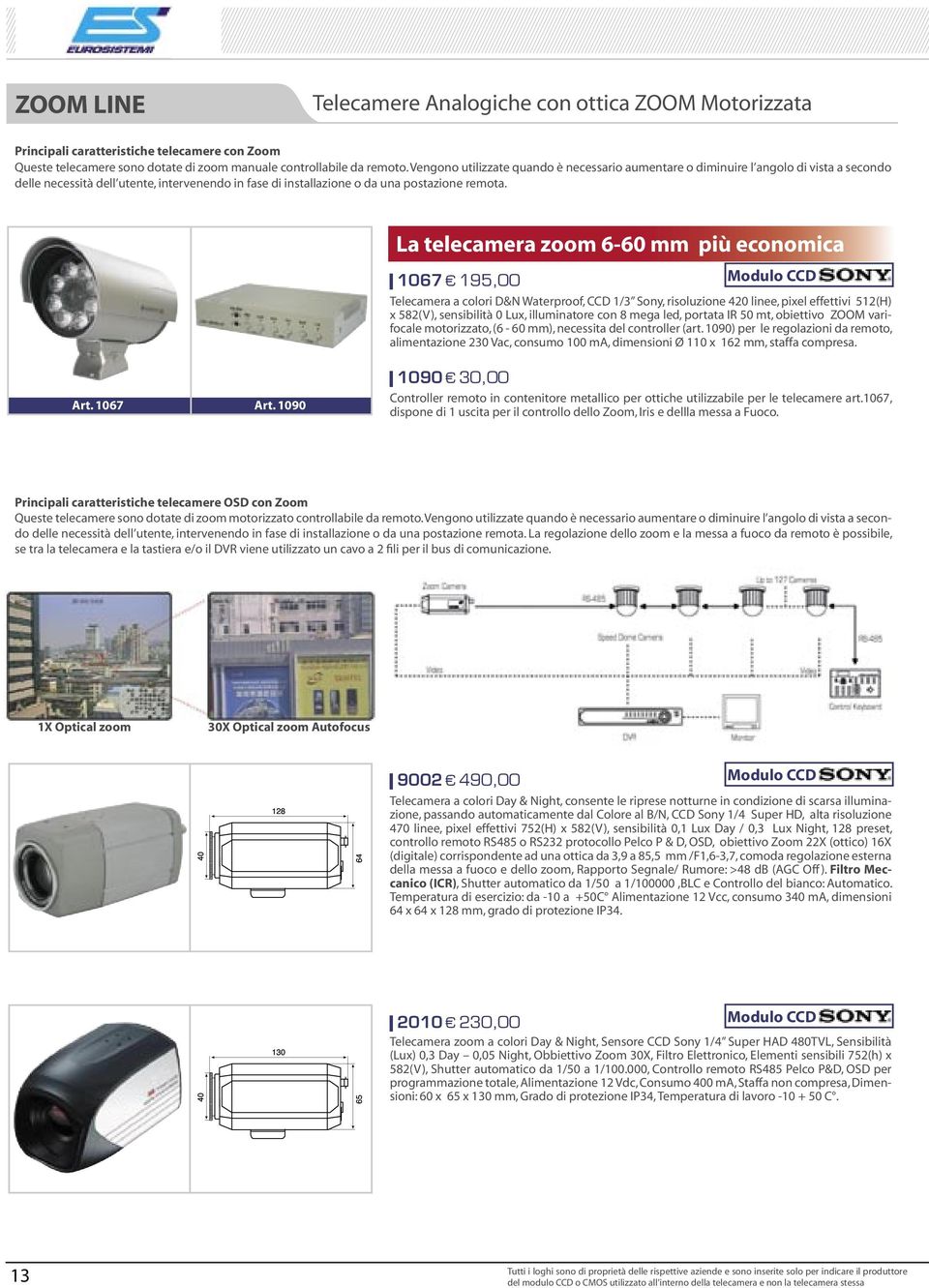 La telecamera zoom 6-60 mm più economica 1067 195,00 Telecamera a colori D&N Waterproof, CCD 1/3 Sony, risoluzione 420 linee, pixel effettivi 512(H) x 582(V), sensibilità 0 Lux, illuminatore con 8