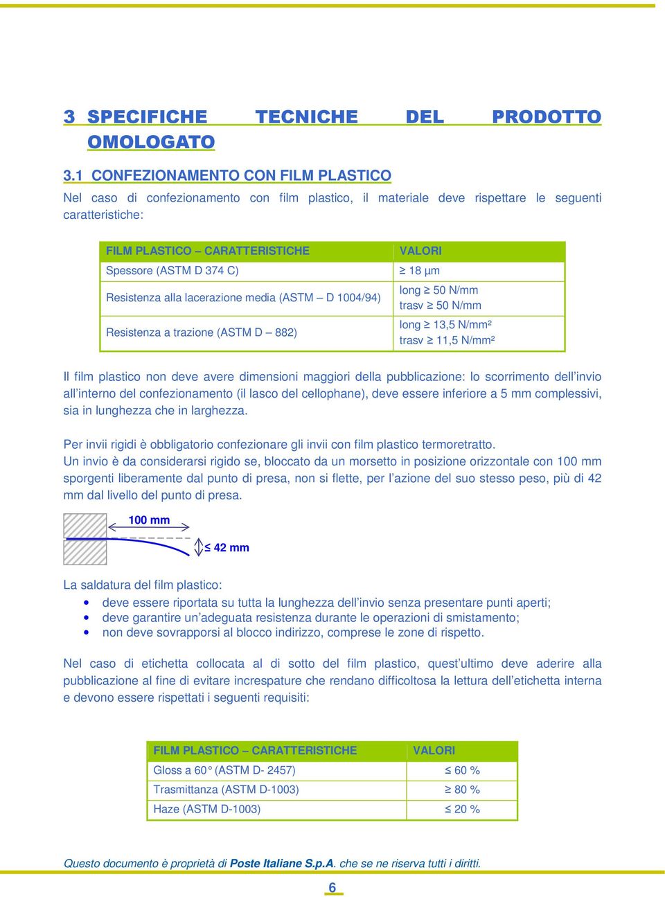 C) 18 µm Resistenza alla lacerazione media (ASTM D 1004/94) Resistenza a trazione (ASTM D 882) long 50 N/mm trasv 50 N/mm long 13,5 N/mm² trasv 11,5 N/mm² Il film plastico non deve avere dimensioni