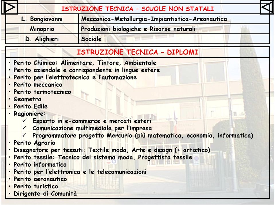 elettrotecnica e l automazione Perito meccanico Perito termotecnico Geometra Perito Edile Ragioniere: Esperto in e-commerce e mercati esteri Comunicazione multimediale per l impresa Programmatore