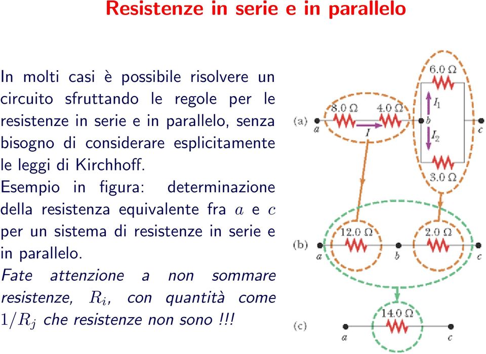 Esempio in figura: determinazione della resistenza equivalente fra a e c per un sistema di resistenze in