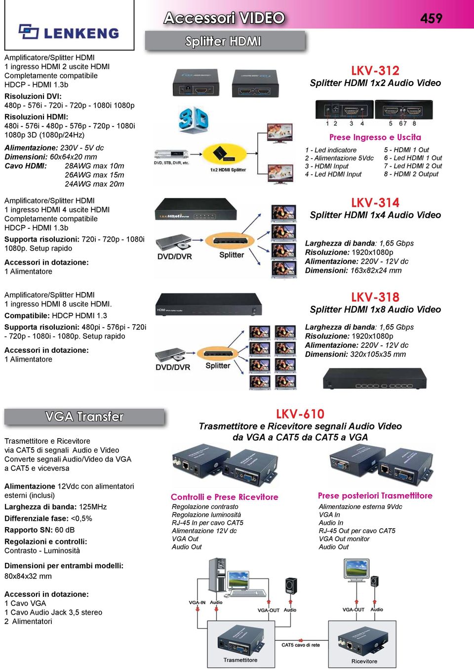 HDMI: 28AWG max 10m 26AWG max 15m 24AWG max 20m Amplificatore/Splitter HDMI 1 ingresso HDMI 4 uscite HDMI Completamente compatibile HDCP - HDMI 1.3b Supporta risoluzioni: 720i - 720p - 1080i 1080p.