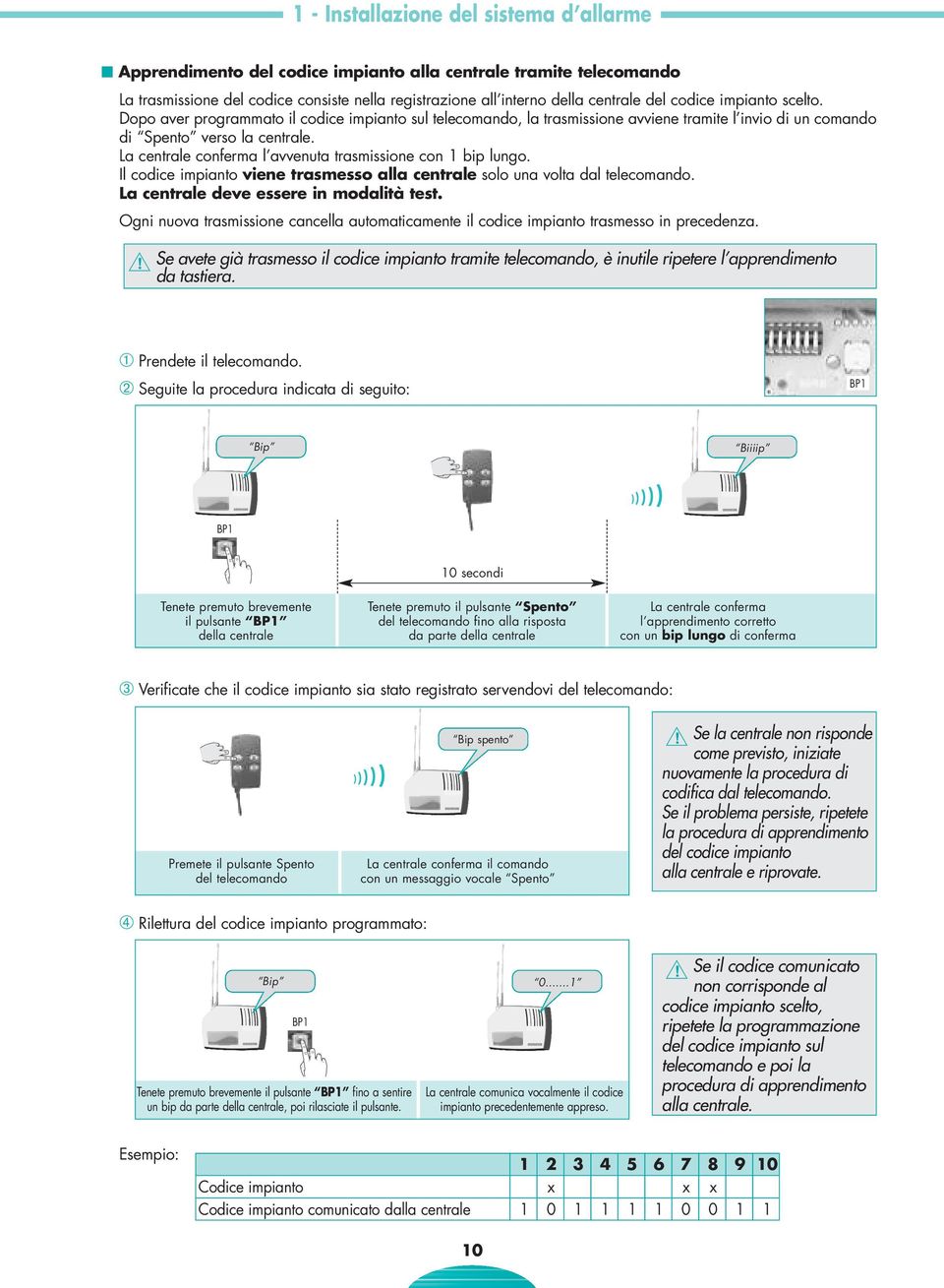 La centrale conferma l avvenuta trasmissione con bip lungo. Il codice impianto viene trasmesso alla centrale solo una volta dal telecomando. La centrale deve essere in modalità test.