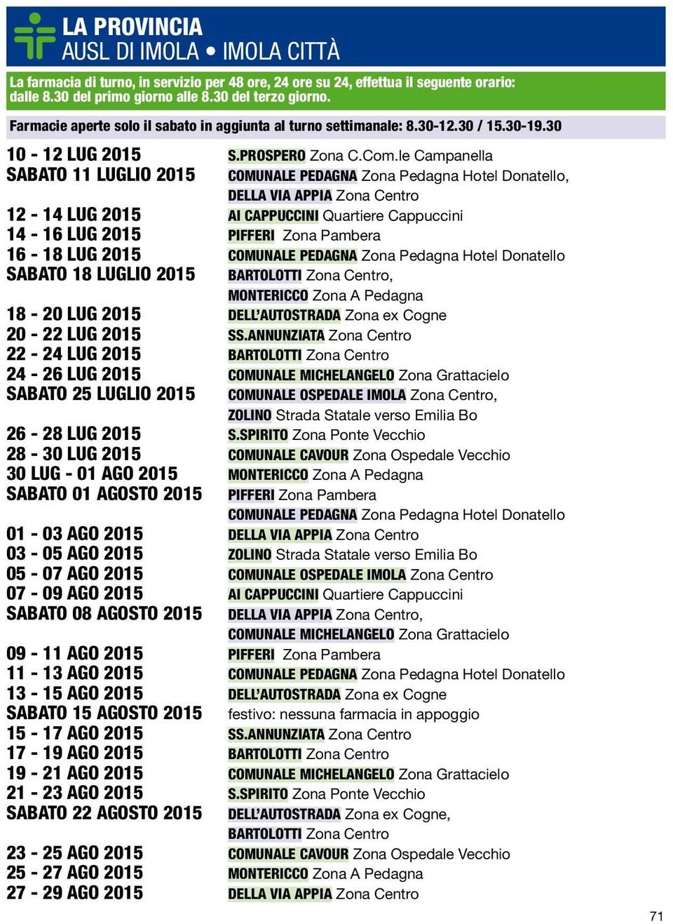 le Campanella SABATO 11 LUGLIO 2015 PEDAGNA Zona Pedagna Hotel Donatello, DELLA VIA APPIA Zona Centro 12-14 LUG 2015 AI CAPPUCCINI Quartiere Cappuccini 14-16 LUG 2015 PIFFERI Zona Pambera 16-18 LUG