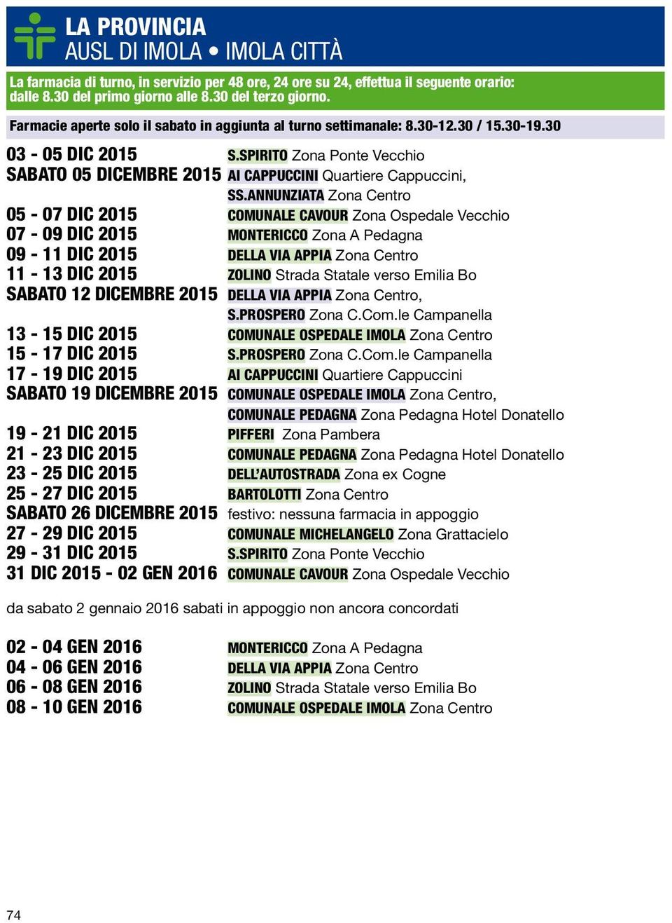 ANNUNZIATA Zona Centro 05-07 DIC 2015 CAVOUR Zona Ospedale Vecchio 07-09 DIC 2015 MONTERICCO Zona A Pedagna 09-11 DIC 2015 DELLA VIA APPIA Zona Centro 11-13 DIC 2015 ZOLINO Strada Statale verso