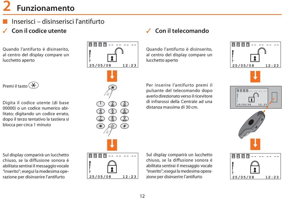 errato, dopo il terzo tentativo la tastiera si blocca per circa 1 minuto Per inserire l antifurto premi il pulsante del telecomando dopo averlo direzionato verso il ricevitore di infrarossi della