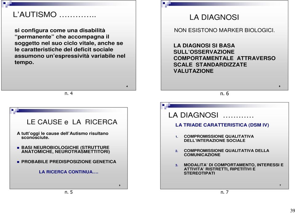 6 LE CAUSE e LA RICERCA A tutt oggi le cause dell Autismo risultano sconosciute. BASI NEUROBIOLOGICHE (STRUTTURE ANATOMICHE, NEUROTRASMETTITORI) PROBABILE PREDISPOSIZIONE GENETICA LA RICERCA CONTINUA.