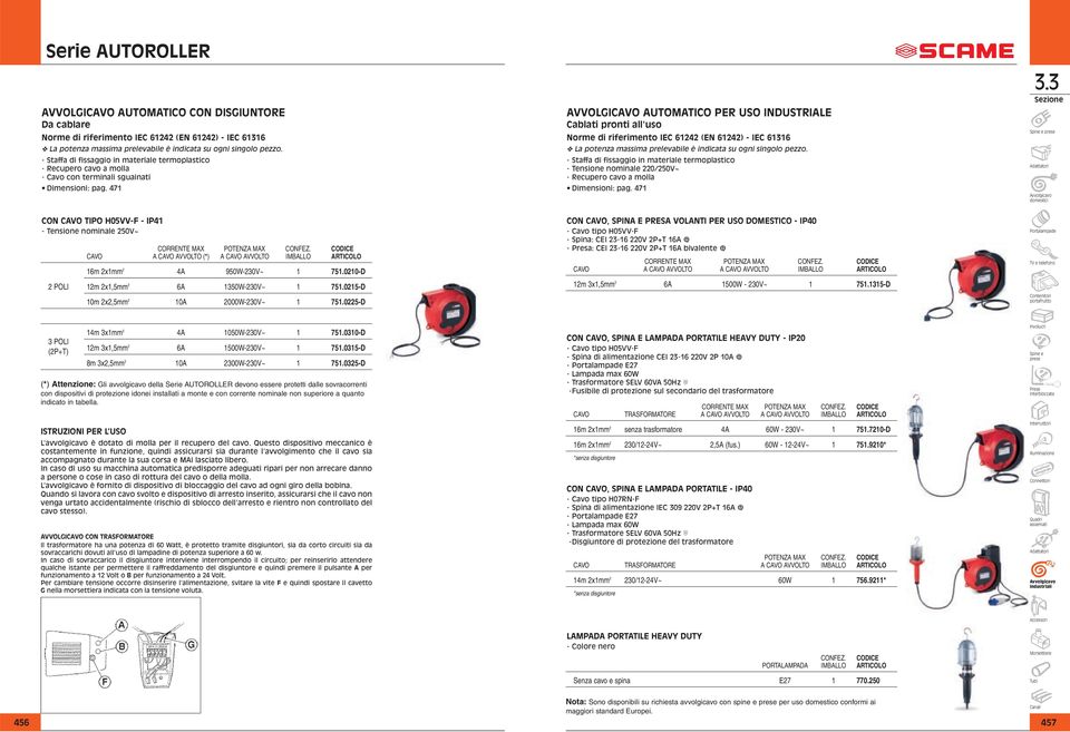 0/50V~ - Recupero cavo a molla CON H05VV-F - IP1 -Tensione nominale 50V~ CORRENTE MAX MAX CONFEZ. A AVVOLTO (*) A AVVOLTO IMBALLO 16m x1mm A 950W-30V~ 1 751.010-D POLI 1m x1,5mm 6A 1350W-30V~ 1 751.