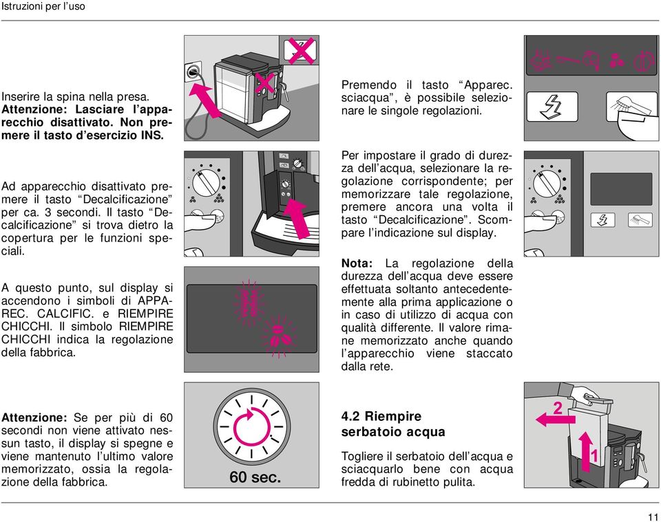 Il simbolo RIEMPIRE CHICCHI indica la regolazione della fabbrica. Premendo il tasto Apparec. sciacqua, è possibile selezionare le singole regolazioni.